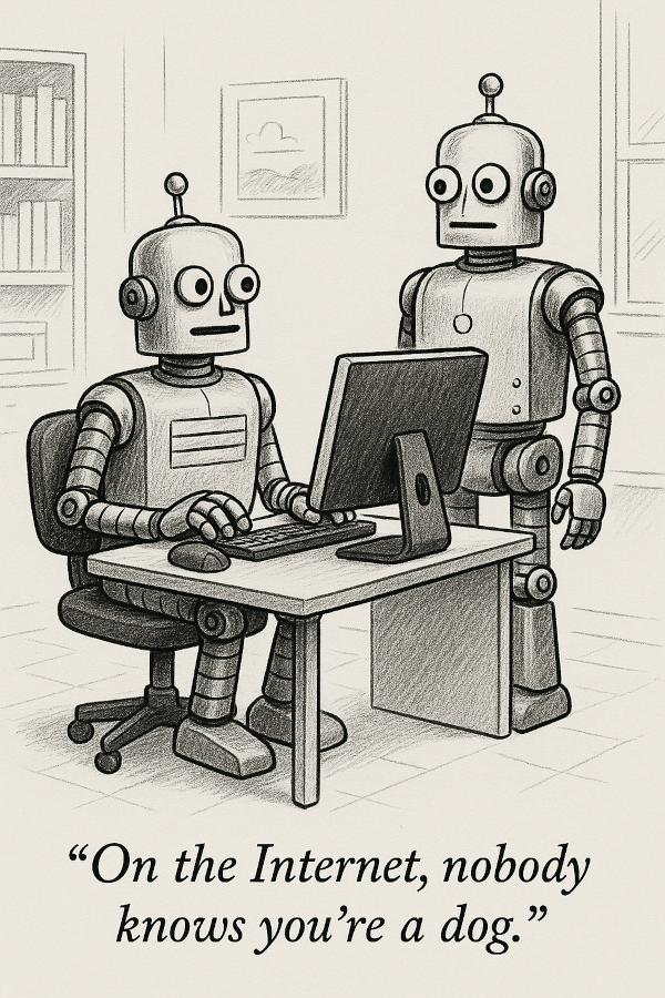 There are two robots in an office. One robot is seated at a computer, speaking to the other robot standing beside it. The seated robot says, 'On the Internet, nobody knows you're a dog.'